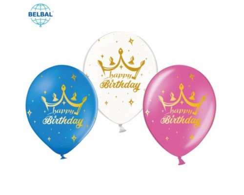 Латексна кулька Belbal "Happy Birthday корона" пастель мікс 25шт. 12" 5ст