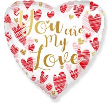 Фольгована кулька (серце) Flexmetal You are my love золота каліграфії на білому, червоні серця навколо 18"