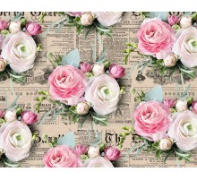 Пакувальний папір (5 листів) "Ніжно рожеві та білі квіти на газеті" (70*100 см)