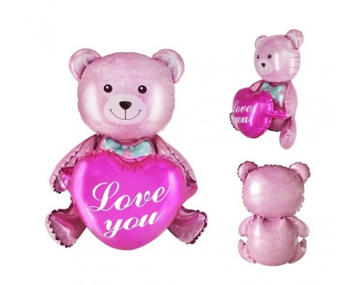 Фольгована кулька (фігура) Китай Ведмедик з серцем рожевий love you 45 см