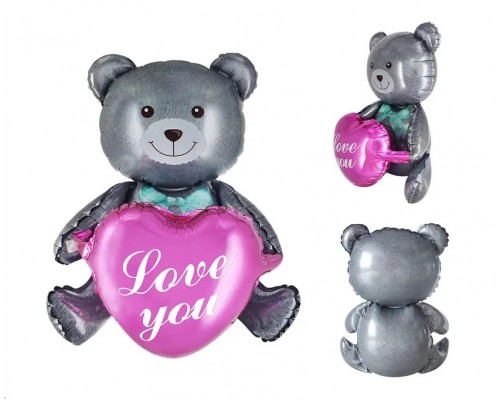 Фольгована кулька (фігура) Китай Ведмедик з серцем сірий love you 45 см