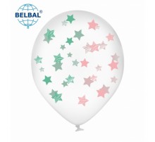 Латексна кулька Belbal "Зірочки м'ятні та рожеві напрозорому" 25шт. 12" 5ст