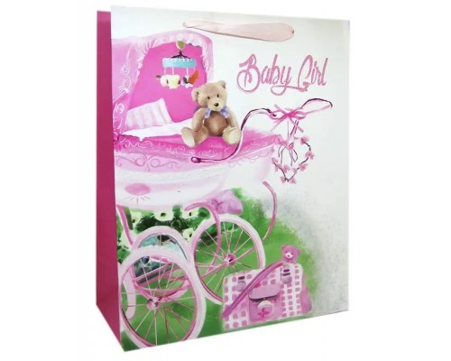 Пакет подарунковий маленький "Baby GIRL" - рожева коляска, зелена травка