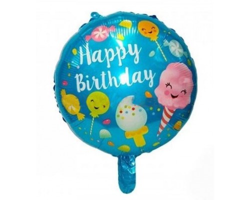 Фольгированный Круг Китай "Happy Birthday конфеты-мороженое на голубом" 18'
