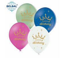 Латексна кулька Belbal "Happy Birthday корона" пастель мікс 25шт. 12" 5ст