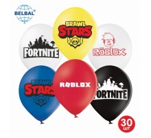 Латексні кульки Belbal  Iгри, мікс, синій, жовтий, білий, чорний, червоний, 30 см 12" (30 шт.)