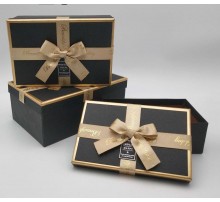 Коробка подарункова картон Чорна з золотим бантом (набор 3 шт.) M середня