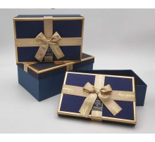 Коробка подарункова картон Синя з золотим бантом (набор 3 шт.) M середня
