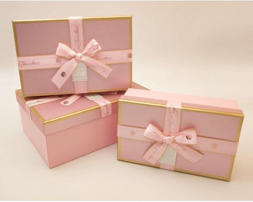 Коробка подарункова картон Тепло рожева блиск з бантом (набор 3 шт.) M середня
